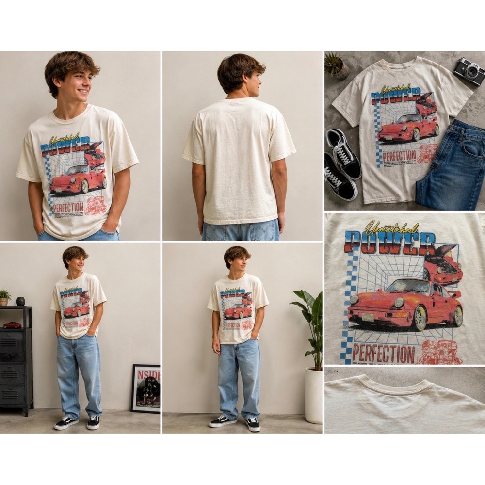 PacSun Mens Unmatched Power Perfection Graphic T-Shirt Cream Red Car Size M